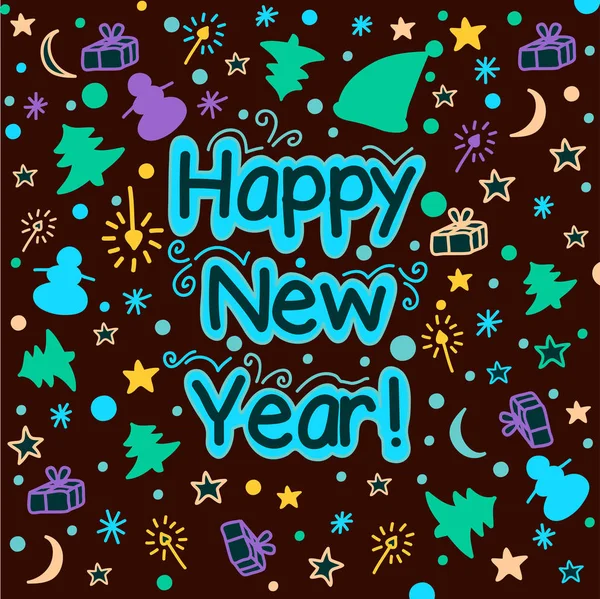 Happy New Year kaart met verschillende decoratieve elementen. Vakantie feestelijk ontwerp. — Stockvector