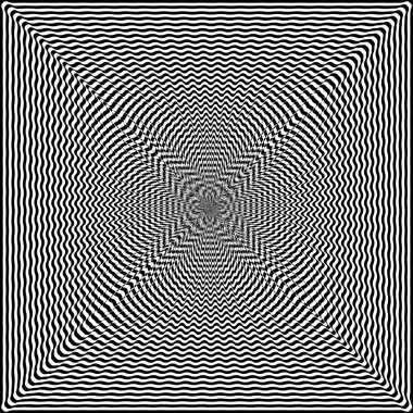 Soyut siyah ve beyaz arka plan bükülmüş. Bozuk yüzey optik yanılsama. Çarpık çizgili. Stilize 3d tünel.