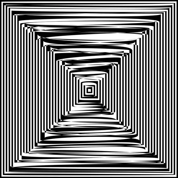 Abstract twisted black and white background. Optical illusion of distorted surface. Twisted stripes. Stylized 3d tunnel. — Stock Vector