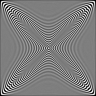 Soyut siyah ve beyaz arka plan bükülmüş. Bozuk yüzey optik yanılsama. Çarpık çizgili. Stilize 3d tünel.