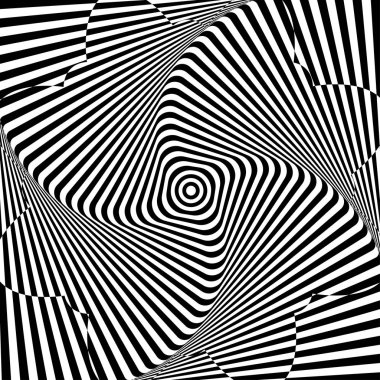 Soyut çarpık siyah beyaz arka plan. Çarpık yüzeyin optik yanılsaması. Kıvrık çizgiler. Radyal desen.