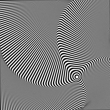 Soyut çarpık siyah beyaz arka plan. Çarpık yüzeyin optik yanılsaması. Kıvrık çizgiler. Radyal desen.