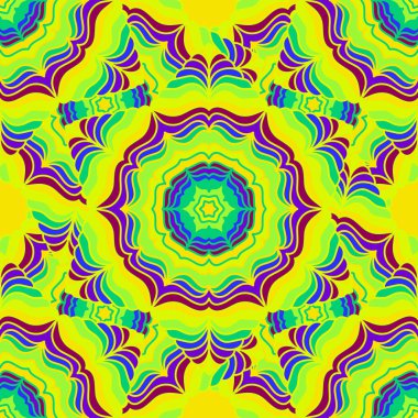 Kusursuz dekoratif arka plan. Gökkuşağı çiçekli mandalalar. Parlak desen. Web, baskılar, kartlar için klasik dekoratif öğeler. Süsleme motifleri.