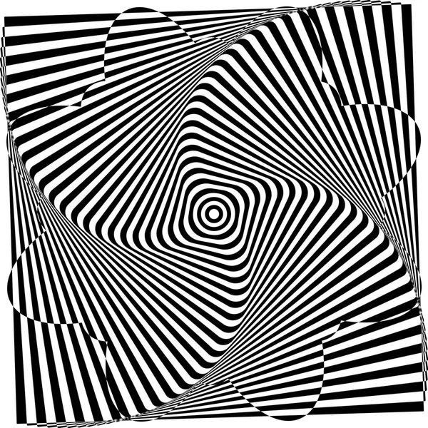 Astratto sfondo contorto in bianco e nero. Illusione ottica della superficie distorta. Strisce contorte. Modello radiale . — Vettoriale Stock
