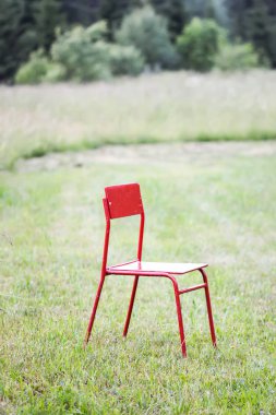 Red chair on green meadow om mown grass background.