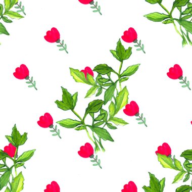 Kırmızı çiçekli ve yeşil yapraklı kusursuz suluboya deseni. Botanik doku. Çiçek elementleri.