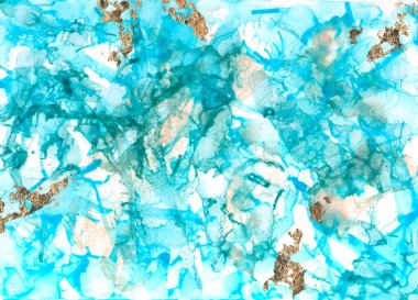 Altın folyo parçacıkları ile elle boyanmış suluboya doku. Renkli kaplama. Poster, afiş, kartlar, hatıra defteri için soyut, yaratıcı bir arka plan. Dekoratif yüzey.