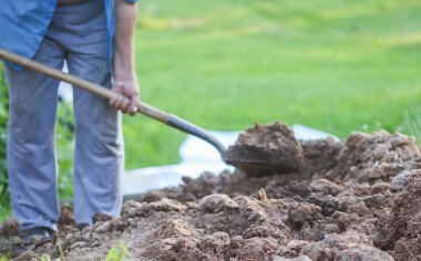Genç adam bir kürekle toprağı kazıyor.