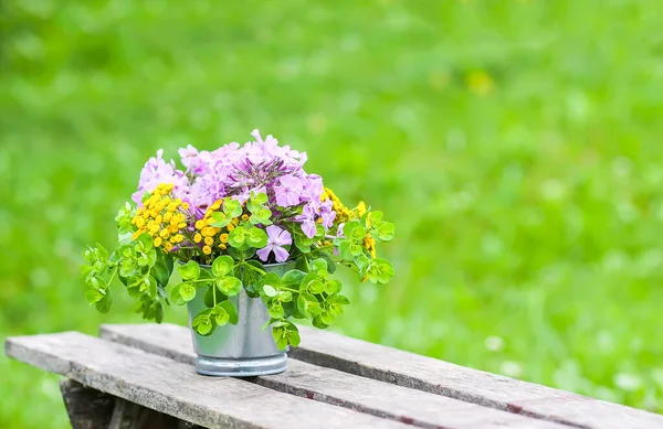 Beautiful Bouquet Wildflowers Wooden Bench Summer Nature Background Countryside — Stock Photo, Image