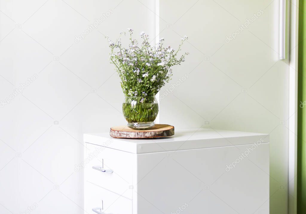 Bouquet of the beautiful spring blue and white forget-me-not flowers on light background. Myosotis plant. Natural decor. Floral composition on wooden slice in minimalist light interior