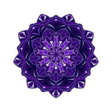 Mor ve mor renkli mandala yuvarlak deseni. Çiçek süsü. Dekoratif tasarım öğesi. Vektör illüstrasyonu.