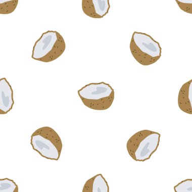 Kusursuz bir doku. Hindistan cevizi yaz meyveleriyle dekoratif arka plan tasarımı. Tekstil, kırtasiye, duvar kağıdı, ambalaj kağıdı, web, hatıra defteri için renkli vektör deseni