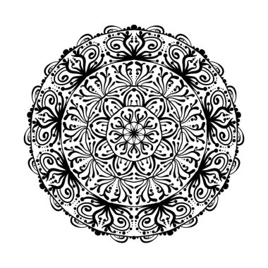 Mandala yuvarlak deseni. Etnik stil dekoratif el çizimi dantelli soyut element. El çizimi arka plan. Meditasyon için kutsal geometri sembolü, sanat terapisi kitap sayfası elementi.