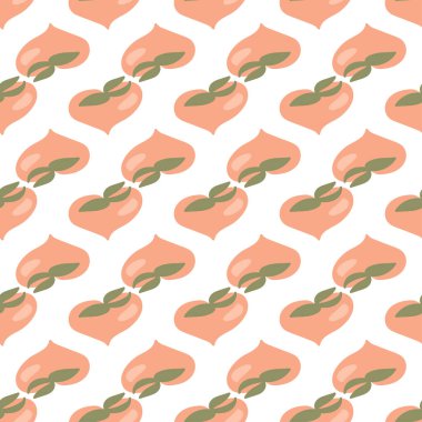 Kusursuz bir doku. Dekoratif ışık arkaplan tasarımı ve yaz stilize şeftali meyveleri. Tekstil, kırtasiye, duvar kağıdı, ambalaj kağıdı, web, hatıra defteri için renkli vektör deseni