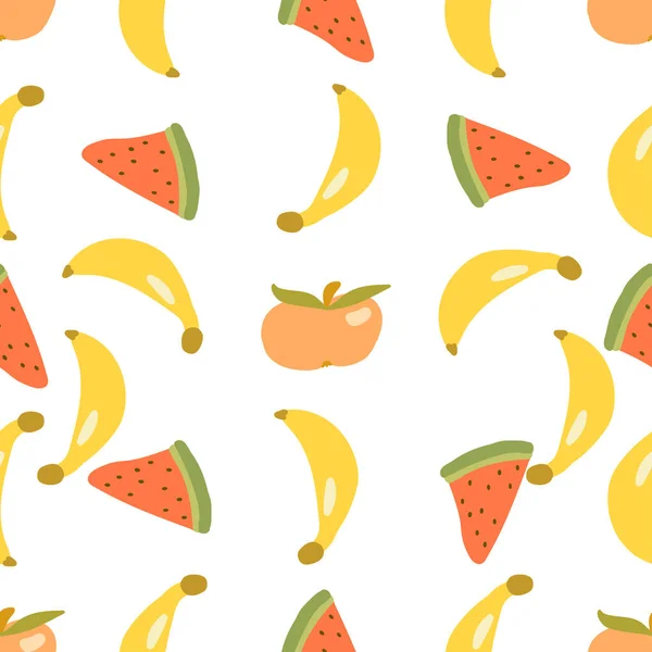 シームレスなテクスチャ バナナとスイカの夏の果物と装飾的な背景デザイン 文房具 包装紙 ウェブ スクラップブックのためのカラフルなベクトルパターン — ストックベクタ