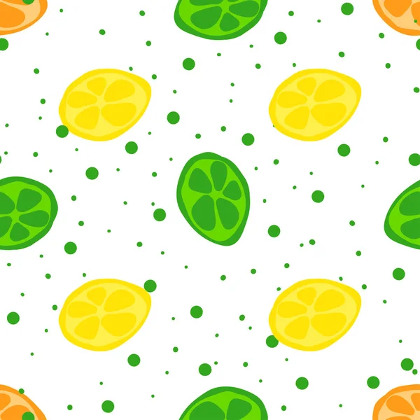 シームレスなテクスチャ ライムとレモンのスライスされた夏の果物と装飾的な背景デザイン 文房具 包装紙 ウェブ スクラップブックのためのカラフルなベクトルパターン — ストックベクタ