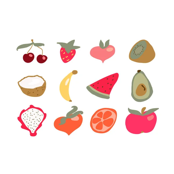 一套可爱的手绘水果 西瓜片 猕猴桃 苹果和桃子 — 图库矢量图片