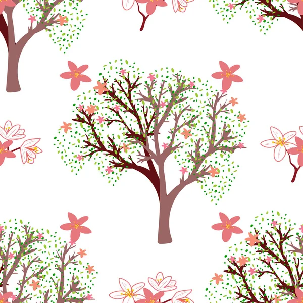 Seamless Pattern Floral Herbal Elements Decorative Texture Blooming Spring Trees — Stock Vector