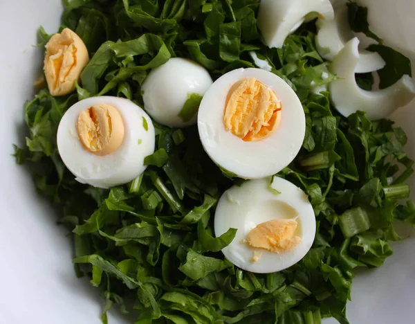 Яйца Салат Шпината Свежая Здоровая Еда — стоковое фото