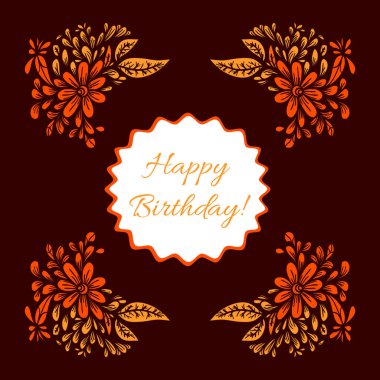 hand-painted floral card with autumn leaves on a dark background. Happy birthday vector illustration