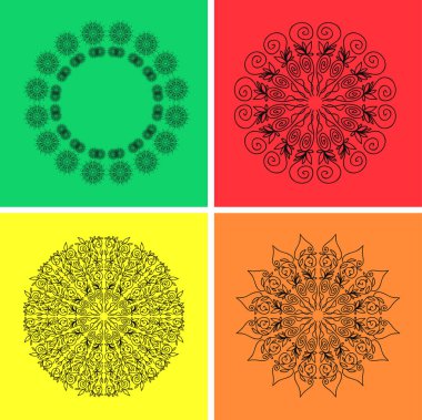 Çiçekli mandala süsleri olan renkli kartlar.   