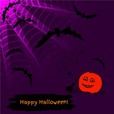 Soyut arkaplanda balkabağı, yarasa ve örümcek ağı olan Cadılar Bayramı kartın kutlu olsun. Vektör İllüstrasyonu. Kartlar, poster, afiş, web, broşür, hatıra defteri, duvar kağıdı için şenlikli parti tasarımı ögesi. 