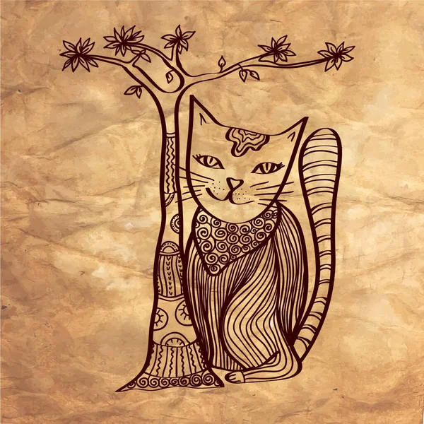 Abstract Drawing Mystical Cat Ornament Tree — 스톡 벡터