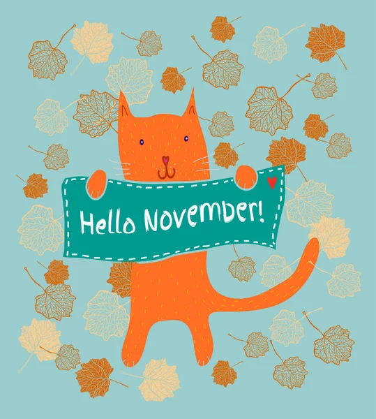 Cartoon Katze Mit Hallo November Banner Der Herbst Hinterlässt Spuren — Stockvektor