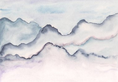 Elle boyanmış suluboya manzara ve sisli dağlar.