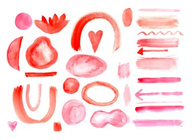 Farklı suluboya elementler. Fırça darbeleri, kalpler, soyut şekiller ve oklar.