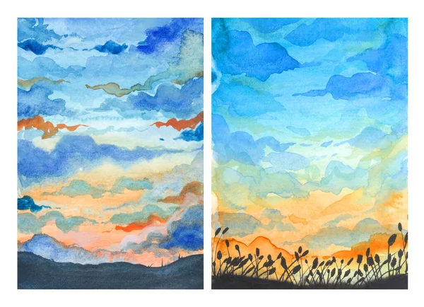 Aquarelllandschaft Handgemalte Illustration Des Hellen Sonnenuntergangs Der Landschaft — Stockfoto