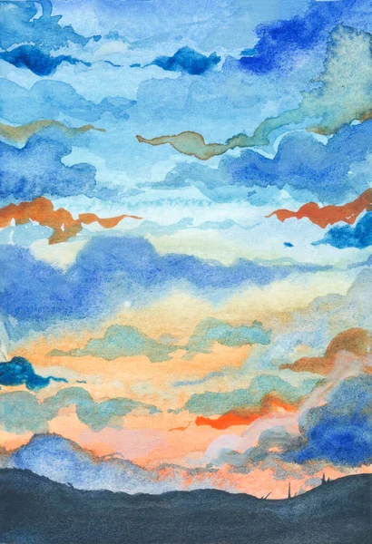 Krajobraz Akwareli Ręcznie Malowana Ilustracja Jasnego Zachodu Słońca Wsi — Zdjęcie stockowe