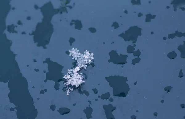 Copos Nieve Durante Nevada Superficie Vidrio — Foto de Stock