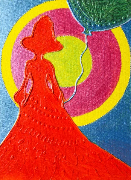 Streszczenie Ręcznie Malowane Akrylowe Ilustracja Figury Kobiety Jasnej Sukience — Zdjęcie stockowe