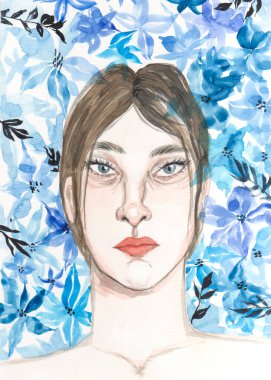 Mavi çiçekli güzel bir kızın suluboya portresi. Elle boyanmış resim