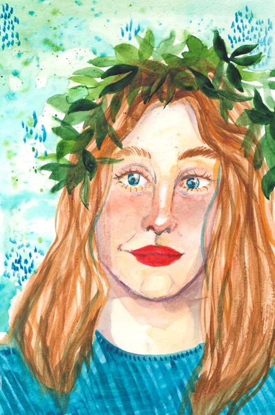 髪にハーブの花輪を持つ若い美しい少女の水彩画の肖像画 手描きイラスト — ストック写真