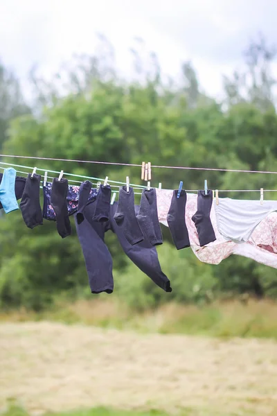 Colorful Laundry Hanging Rope Outdoors Process Air Drying Clothes — Stock Photo, Image