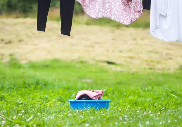 Stack Clean Laundry Large Plastic Cup Outdoors — Stock Photo, Image