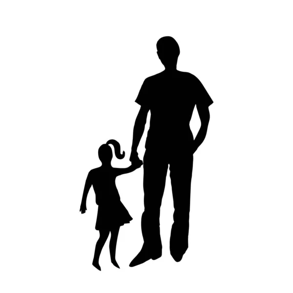 Father Daughter Black Silhouettes Man Holding Little Girl Hand — Stock Vector