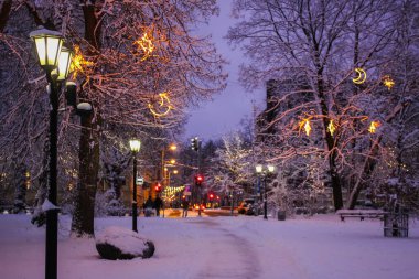 Riga parkında fenerli kış tatili atmosferi.