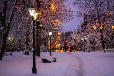 Riga parkında fenerli kış tatili atmosferi.