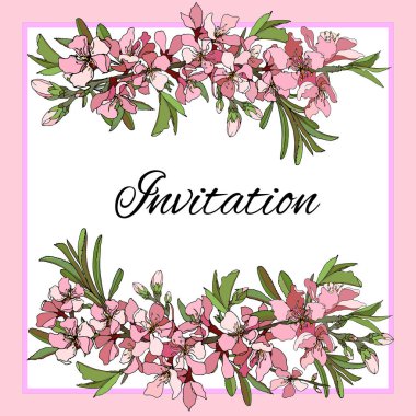Vektör şablon, Davetiyeler, kartları, tebrik için narin pembe çiçekli metin için çerçeve