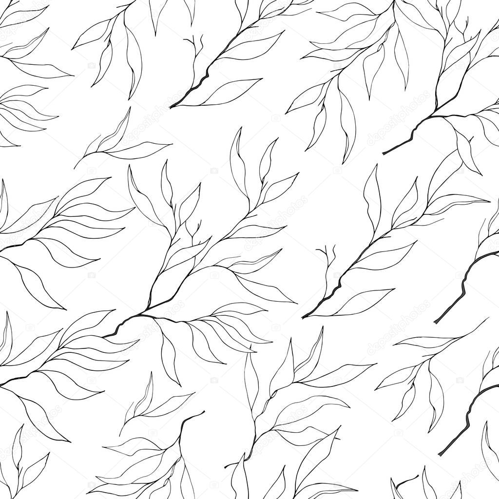 Light background of contour branches. Silhouette of leaves. Endless textures.