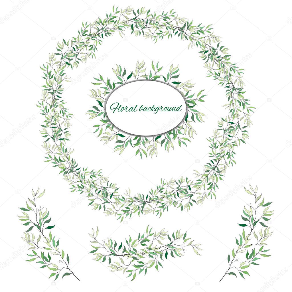 Set of green floral patterns, ornaments and vector wreaths of green leaves and vectors for decoration. Spring ornament concept.