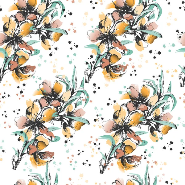 Fundo Flores Contorno Laranja Fundo Branco Ornamento Floral Desenhado Tinta — Vetor de Stock