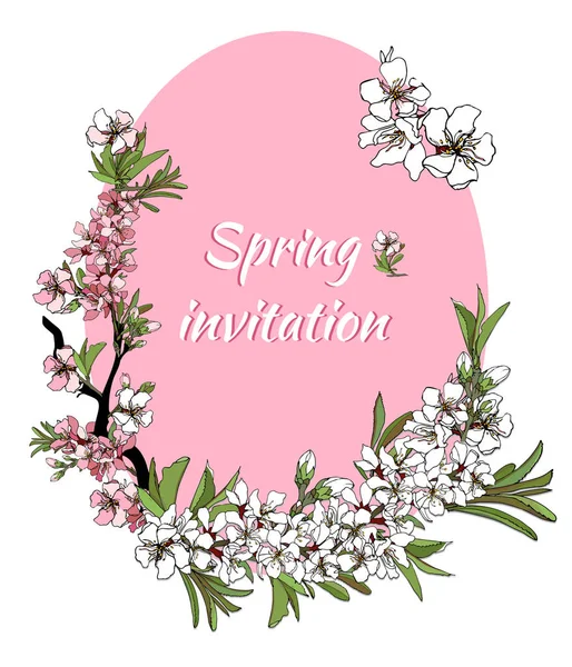 Tarjeta de primavera con flores delicadas. Ilustración vectorial de flores rosas y blancas . — Vector de stock