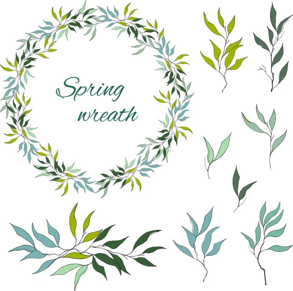 Conjunto de estampados florales verdes, adornos y coronas vectoriales de hojas de olivo verde y vectores para la decoración. El concepto de adorno de primavera . — Vector de stock