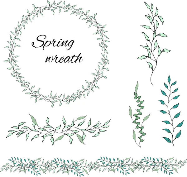 Conjunto de estampados florales verdes, adornos y coronas vectoriales de hojas verdes y vectores para la decoración. Concepto de adorno de primavera . — Vector de stock