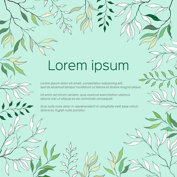 Metin çerçevesinin kontur ve yeşil yaprakları ile. Kontur Clipart tasarım kullanmak için. Selamlar, davetler için yeşil kartpostal poster.