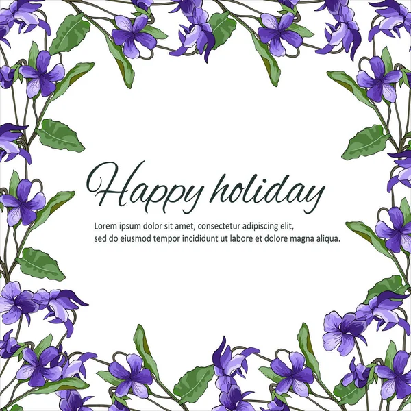 De kaart van het voorjaar met violette bloemen. Tekstkader met viooltjes voor Gefeliciteerd en uitnodigingen. — Stockvector